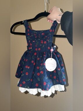 SweetHoney Navy Blue Cherry Print Girls' Formal Dress with White Lace Trim